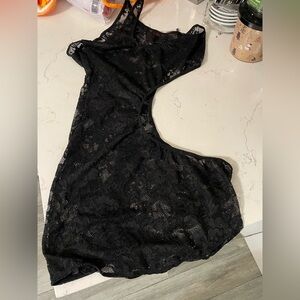 Escante black floral Lace cut out side one shoulder lingerie open bottom OSFM